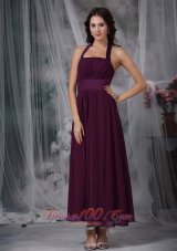 Dark Purple Empire Halter Ankle-length Chiffon Ruch Prom / Evening Dress