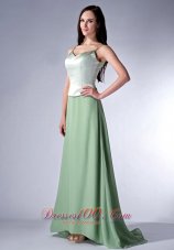 Discount Apple Green Cloumn Spaghetti Straps Bridesmaid Dress Chiffon Brush Train