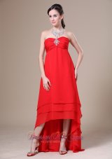 Red High-low Ruched Decorate Bust For 2013 Prom Dress With Beading