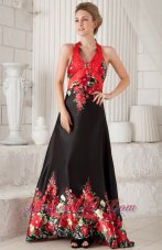 Red and Black A-line / Princess Halter Brush Train Printing Beading Prom / Evening Dress