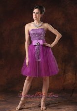 Paillette Over Skirt Strapless Column / Sheath Fuchsia Mini-length Prom Dress Sashes/Ribbons