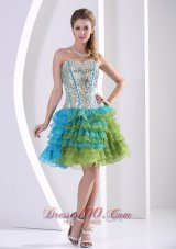 Multi-color Ruched Layered Beaded Decorate Bust Print Prom Dress Party Style