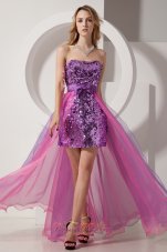 Purple and Pink Column Strapless Prom Dress High-low Sequin and Chiffon