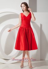 Sweet Red A-Line / Princess V-neck Evening Dress Tea-length Taffeta  Dama Dresses