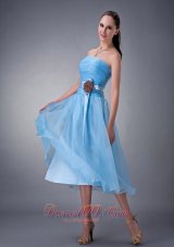Custom Made Baby Blue A-line / Princess Bridesmaid Dress Strapless Hand Made Flower Tea-length Chiffon  Dama Dresses