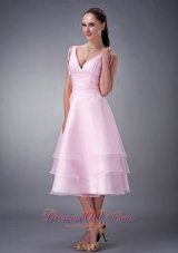 Exclusive Baby Pink A-line / Princess V-neck Bridesmaid Dress Organza Ruch Tea-length  Dama Dresses