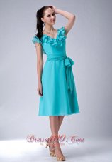 Popular Turquiose Blue Empire V-neck Bridesmaid Dress Chiffon Sash Tea-length  Dama Dresses