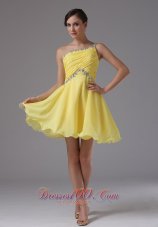 Custom Made One Shoulder and Yellow For Prom Dress With Ruched and Beading In Bear Valley California  Dama Dresses
