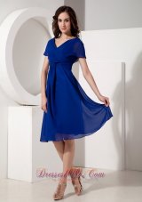 Elegant Royal Blue Mother of the Bride Dress Empire V-neck Chiffon Ruched Knee-length  Dama Dresses