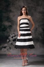 Black and White A-line Strapless Knee-length Satin Beading Bridesmaid Dress  Dama Dresses