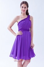 Purple A-line One Shoulder Chiffon Ruch Prom Dress Knee-length  Dama Dresses