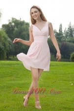 Baby Pink Empire V-neck Mini-length Chiffon Ruch Bridesmaid Dress  Dama Dresses