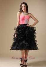 2013 Custom Made Watermelon Red and Black Evening Dress Column Sweetheart Organza Beading Tea-length