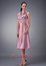 Cheap Custom Made Light Pink Empire Halter Bridesmaid Dress Satin Beading Tea-length