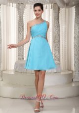 Cheap Aqua Empire One Shoulder Mini-length Chiffon Beading Prom Dress