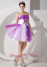Cheap Cute Purple and White Cocktail Dress A-line Strapless Organza Hand Made Flowers Mini-length