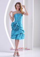 Cheap Aqua Blue Sheath Hand Made Flower Strapless Prom Dress With Beads and Pick-ups