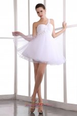 Cheap White A-line One Shoulder Short Prom Dress Organza Beading Mini-length