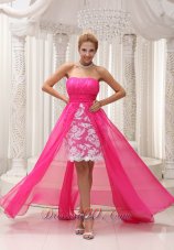 2013 Hot Pink High-low Prom Dress For 2013 Ruched Bodice Chiffon Strapless Lace