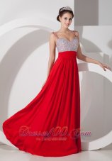 2013 Pretty Red Empire Straps Prom Dress Chiffon Beading and Ruch Floor-length