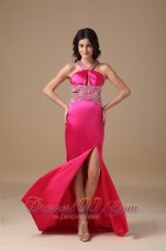 2013 Coral Red Column V-neck Brush Train Taffeta Beading Prom Dress