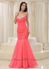 2013 Mermaid Sweetheart For Coral Red Prom Dress Beaded Decorate Bust