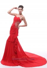 2013 Spaghetti Straps Red Beaded Decorate and Ruch 2013 Prom Dress With Court Train