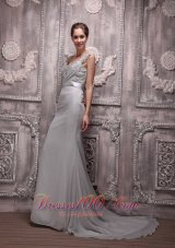 2013 Gray Empire V-neck Brush Train Chiffon Beading Prom / Evening Dress