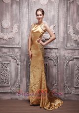 2013 Gold Column Bateau Brush Train Sequin Beading Prom / Evening Dress