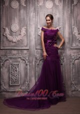 2013 Dark Purple Mermaid Off The Shoulder Brush Train Tulle Hand Made Flowers Prom / Evening Dress