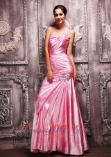 2013 Rose Pink Column One Shoulder Floor-length Taffeta Beading and Ruch Prom Dress