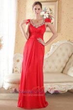 2013 Red Empire Scoop Brush Train Chiffon Beading Prom Dress