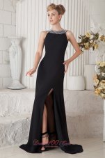 2013 Black Column Bateau Beading Little Black Dress Brush Train Chiffon