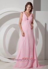 Discount Exquisite Baby Pink Empire V-neck Beading Prom Dress Brush Train Chiffon