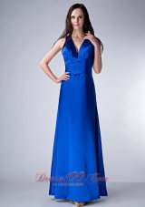 Discount Customize Royal Blue Column V-neck Bridesmaid Dress Satin Ruch Ankle-length