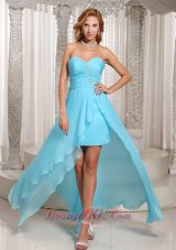 Discount Wholesale Aque Blue High-low Sweetheart Prom Dress For Evening Beading and Ruch