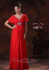 Discount Custom Made Red V-neck Chiffon Prom Dress With Short Sleeves In 2013 Kingman Arizona