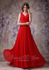 Discount Exclusive Red Empire V-neck Evening Dress Chiffon Ruch and Beading Brush Train