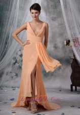 Discount Clive Iowa Sexy High Slit 2013 Prom / Evening Dress Light Orange High-low V-neck