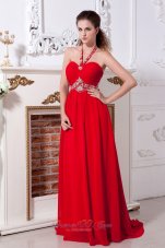Discount Red Empire Halter Brush Train Chiffon Beading Prom Dress