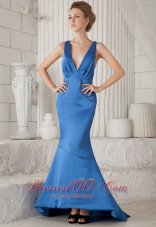 Discount Blue Mermiad V-neck Brush Train Elastic Wove Satin Ruch Prom / Evening Dress