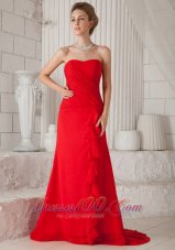 Discount Red A-Line / Princess Strapless Court Train Chiffon Ruch Prom / Evening Dress