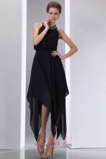 Discount Simple Black Halter Asymmetrical Beading Junior Prom Dress Empire Chiffon