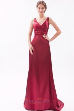 Discount Red Column V-neck Brush Train Taffeta Ruch Bridesmaid Dress