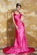 Discount Hot Pink Column V-neck Court Train Taffeta Beading Prom Dress