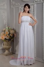 Discount Pretty White Prom Dress Column Strapless Chiffon Beading Brush Train