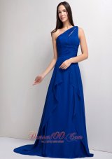 Fashion Customize Peacock Blue A-line One Shoulder Ruch Bridesmaid Dress Court Train Elastic Wove Satin and Chiffon