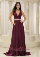 Fashion V-neck Burgundy Brush Train For Mother Of The Bride Dress Belt Customize In Montana