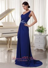 Fashion Royal Blue One Shoulder Chiffon Prom / Evening Dress With Brush Train Appliques With Beading and Ruch