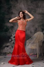 Fashion Modest Red Mermaid Straps Satin Beading Evening Dress Brush Train